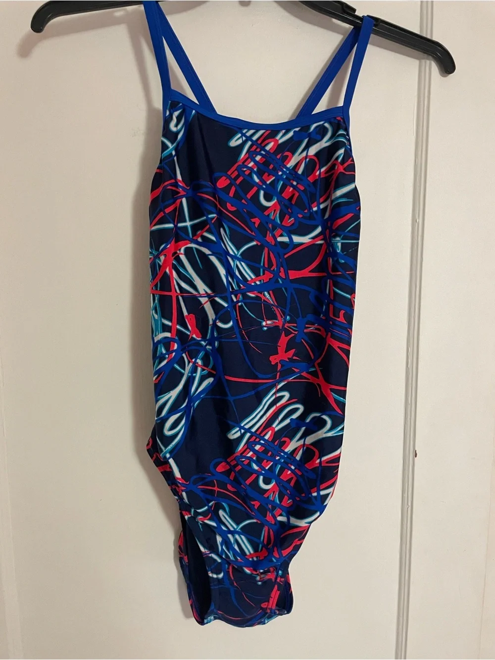 Speedo Women’s Navy One-Piece Swimsuit with Bright Blue and Red Abstract Print